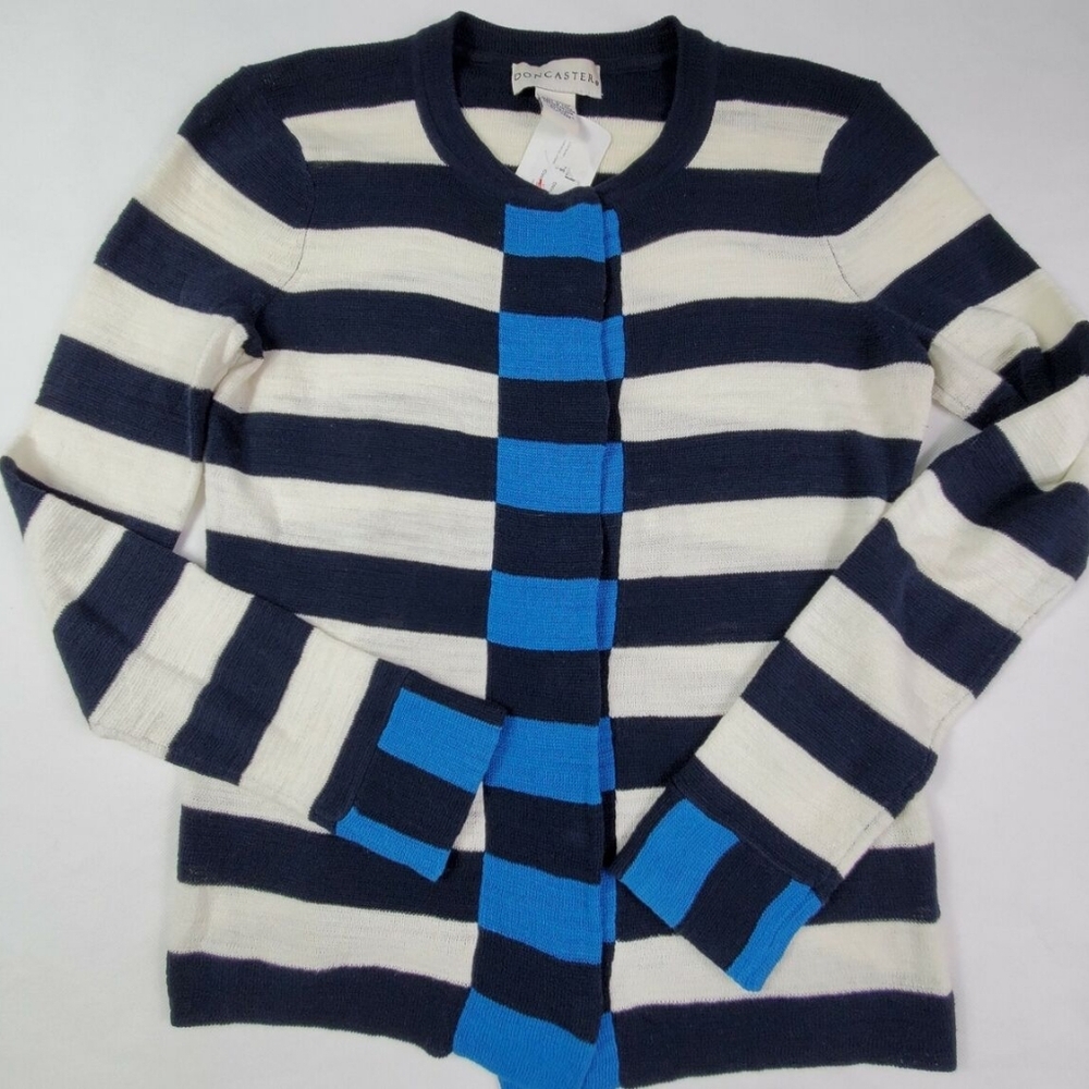 Stripe Cotton preppy blue white stripe cardigan snap buttons. Sz Lg.